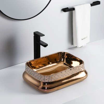 Luxury bathroom handrinse sink ceramic golden electroplated wash art basin