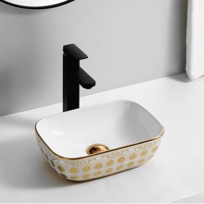 China hotel sanitary ware porcelain bathroom rectangular modern wash basin golden cloakroom ceramic art basin sink