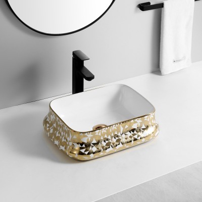 High quality bathroom countertop electroplate golden porcelain hand washbasin washroom ceramic wash art basin