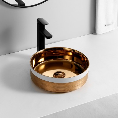 New Countertop Rose Gold With Hand-drawing Porcelain Bathroom Sink Luxury Art Gold Ceramic Washbasin